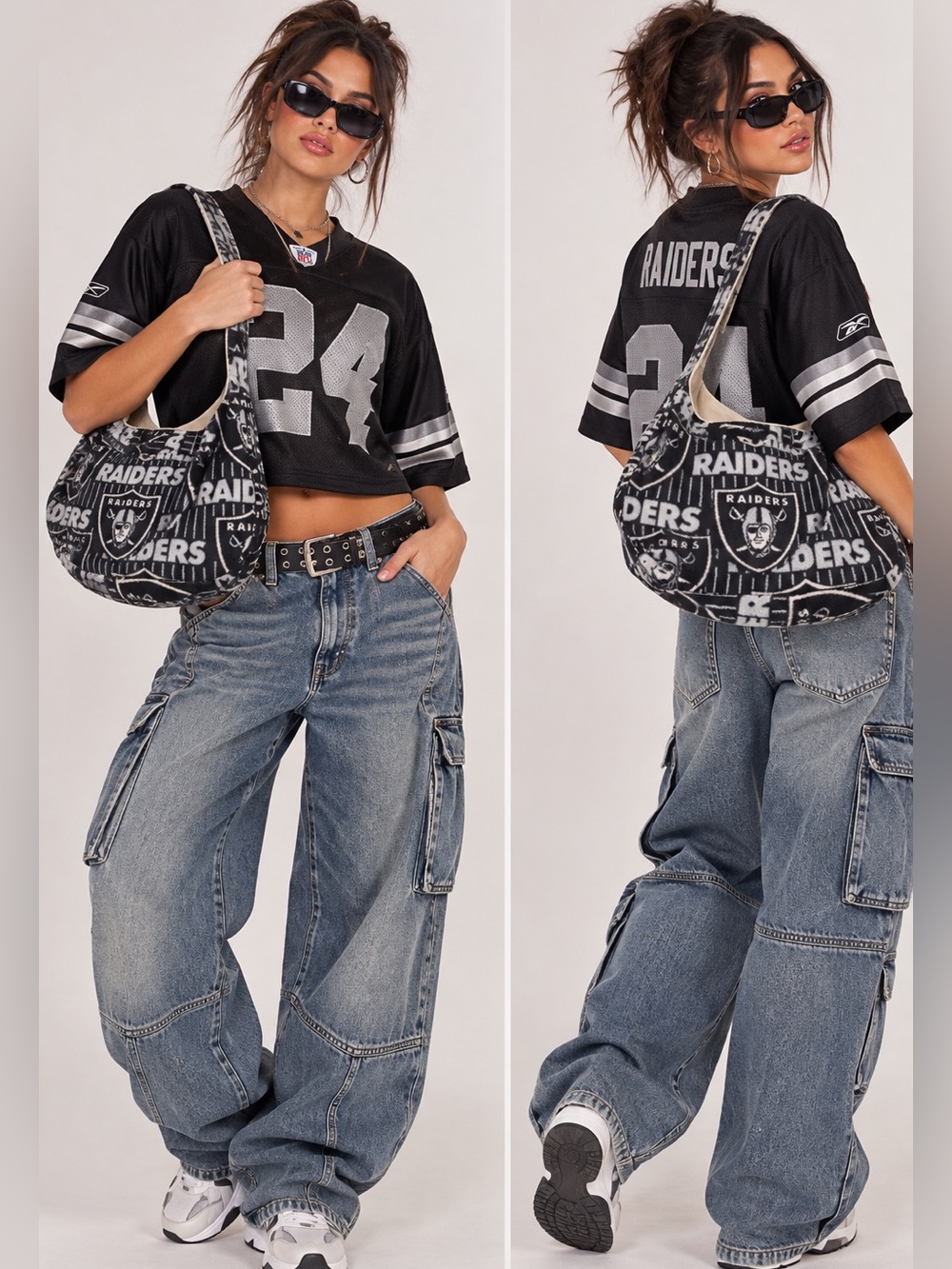Raiders Black & White Logo Hobo Y2K Sporty Streetwear Fleece Shoulder Bag